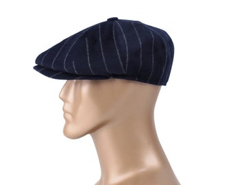 Dark Blue Striped Newsboy Cap,Wool ,Gray Wool cap, Flat Cap,Peaky Blinders Hat,Baker Boy Man Hat, ,Gatsby Hat,Men Christmas Gift,Gatsby  Cap