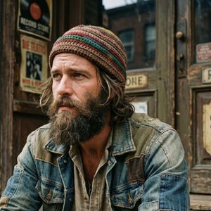 Op de afbeelding: Een gehaakte beanie met strepen in bruin, rood, groen en geel. De persoon draagt een spijkerjasje met patches. De achtergrond bevat vintage borden en een houten deur.