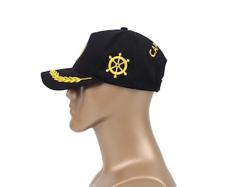Black Cotton Captain Hat: Embroidered Nautical Yacht Cap
