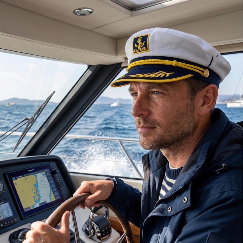 May include: A white captain's hat with a gold anchor emblem and the word "CAPTAIN" in black lettering. The hat has a navy blue band with gold trim. The person is wearing a navy blue jacket and is steering a boat on the water.