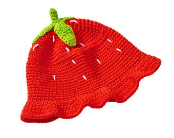 Ręcznie robiony na szydełku kapelusz typu bucket hat w kształcie truskawki, z motywem owoców