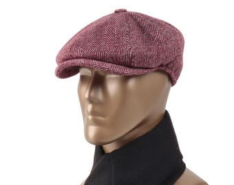 Casquette gavroche en laine à chevrons bordeaux : style vintage fait main. Casquette Peaky Blinders