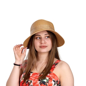 Brown Straw Sun Hat: Wide Brim, Lace Style, Foldable Beach Hat.