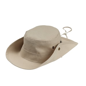 Beige Cotton Safari Hat: Wide Brim Sun Protection, Chin Strap
