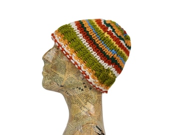 Hand Knit Multicolor Beanie: Chunky Boho Winter Cap