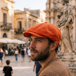 Peut inclure: Casquette de style gavroche orange vif. Le chapeau est fait d'une matière souple, avec une couronne arrondie et une petite visière rigide. La personne porte une barbe. En arrière-plan, une place de ville européenne.