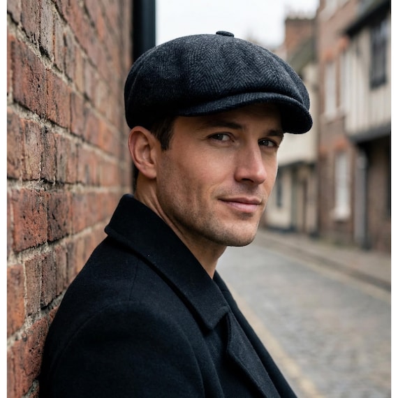 Handmade Wool Black Herringbone Newsboy Cap, Vintage Style Gatsby
