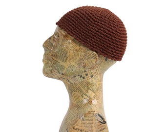 Men's Muslim Prayer Hat (Kufi/Taqiyah) - Brown Embroidery Crochet Skull Cap, Head Size 57cm