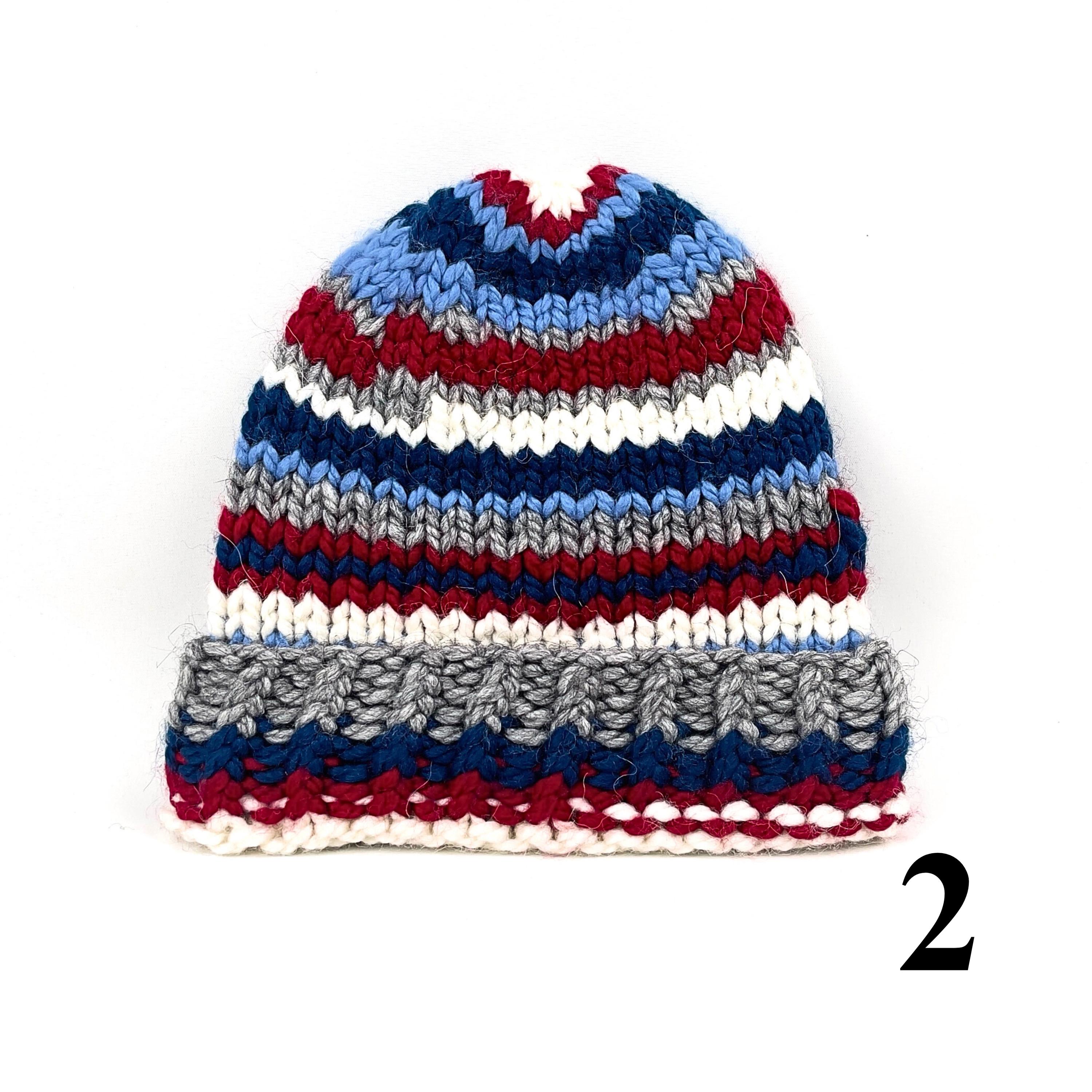 Handmade Chunky Knit Beanie Multicolor White & Blue Winter Fall Handcrafted Hat Hand Knit Chunky Variegated Blue White Beanie Textured  main image 4