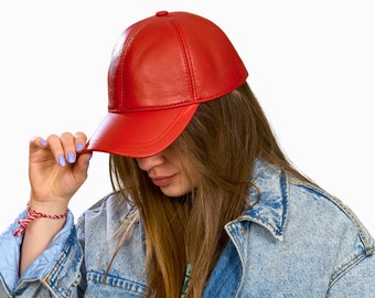 Cappellino da baseball in pelle rossa, cappello unisex regolabile