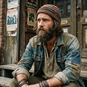 May include: A person with a full beard wearing a multi-colored striped crochet beanie, a light brown button-up shirt, and a blue denim patchwork jacket. The person has multiple leather and metal bracelets on both wrists and long wavy hair.
