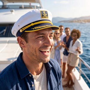 May include: A white captain's hat with a navy blue brim and gold accents. The hat features the word "CAPTAIN" and an anchor emblem. The person is wearing a blue shirt and smiling on a boat.