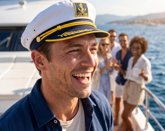 White Cotton Captain Hat: Nautical Sailor Yacht Skipper