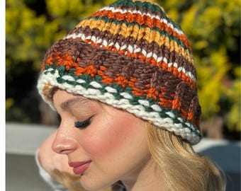 Hand Knit Multicolor Beanie: Chunky Boho Winter Cap