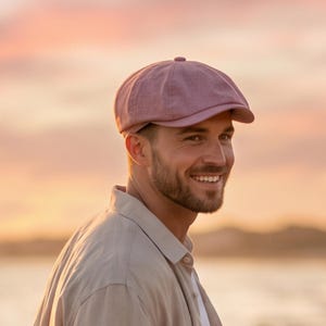 以下が含まれることがあります： 丸みを帯びたクラウンと短いブリムが付いた、ダスティローズのニュースボーイキャップ。キャップはテクスチャード加工された生地で作られています。その人は、明るいベージュの襟付きシャツを着ています。