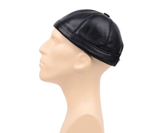 Handmade Sheepskin Leather Docker Cap: Black Fisherman Beanie