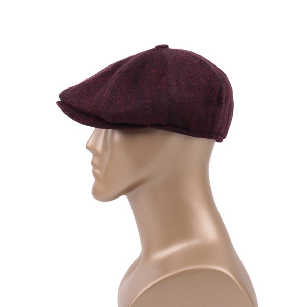 Casquette Newsboy à chevrons bordeaux, laine, casquette en laine grise, casquette plate, chapeau Peaky Blinders, chapeau Baker Boy Man, chapeau Gatsby, cadeau de Noël pour hommes, Gatsby