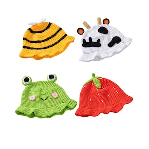 Crochet Animal Bucket Hat, Handmade Bee, Frog, Cow, Strawberry Hat