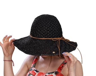 Black Summer Straw Sun Hat: Wide Brim, Lace Style.