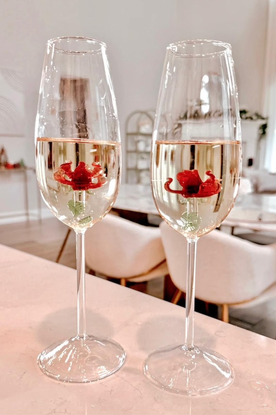 Handcrafted Red Rose Champagne/wine Glass Set of 2, Wedding