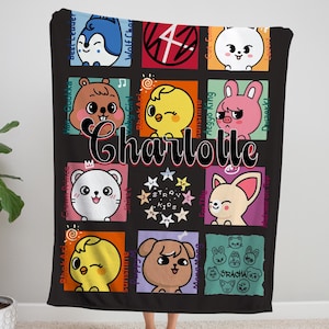 Personalized SKZOO Character Blanket, custom K-inspired blanket, cozy plush throw, winter fandom gift, cute aesthetic room decor