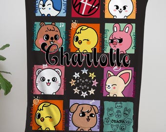 Personalized SKZOO Character Blanket, custom K-inspired blanket, cozy plush throw, winter fandom gift, cute aesthetic room decor