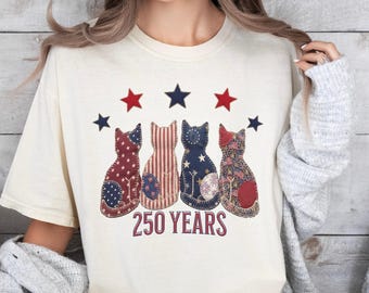 Camiseta patriótica de gatos, diseño vintage americano patchwork, camiseta para amantes de los gatos del 4 de julio.