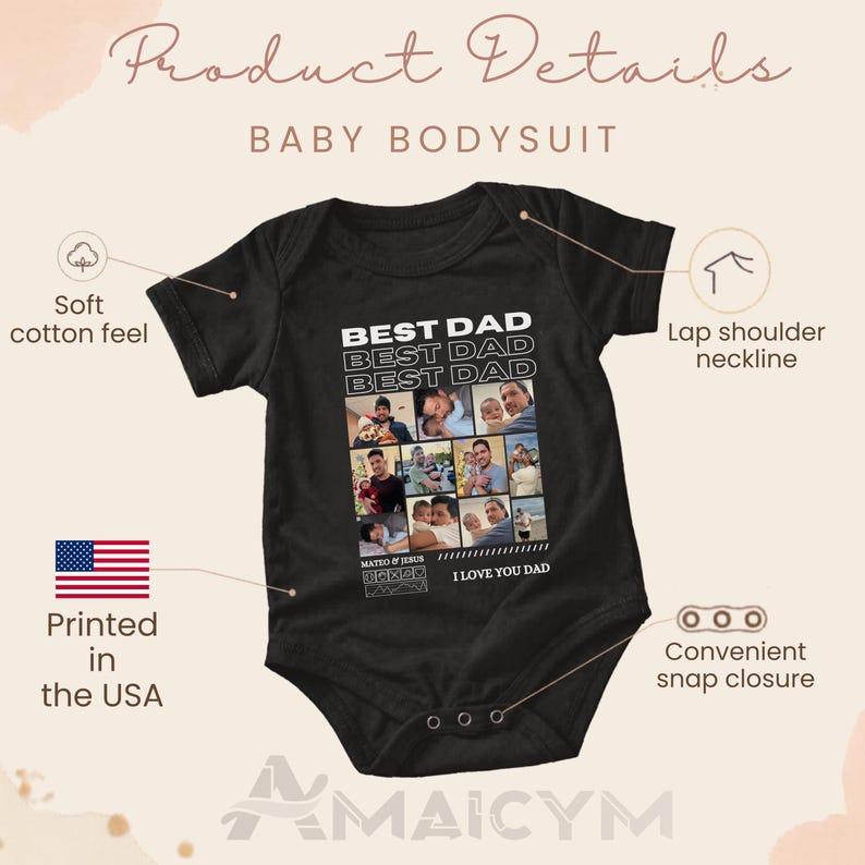 Puede incluir: Body de beb&eacute; negro con el texto "BEST DAD" y un collage de fotos. El body tiene un escote de hombro superpuesto y un cierre de broche a presi&oacute;n. Est&aacute; impreso en EE. UU. y tiene un tacto suave de algod&oacute;n.