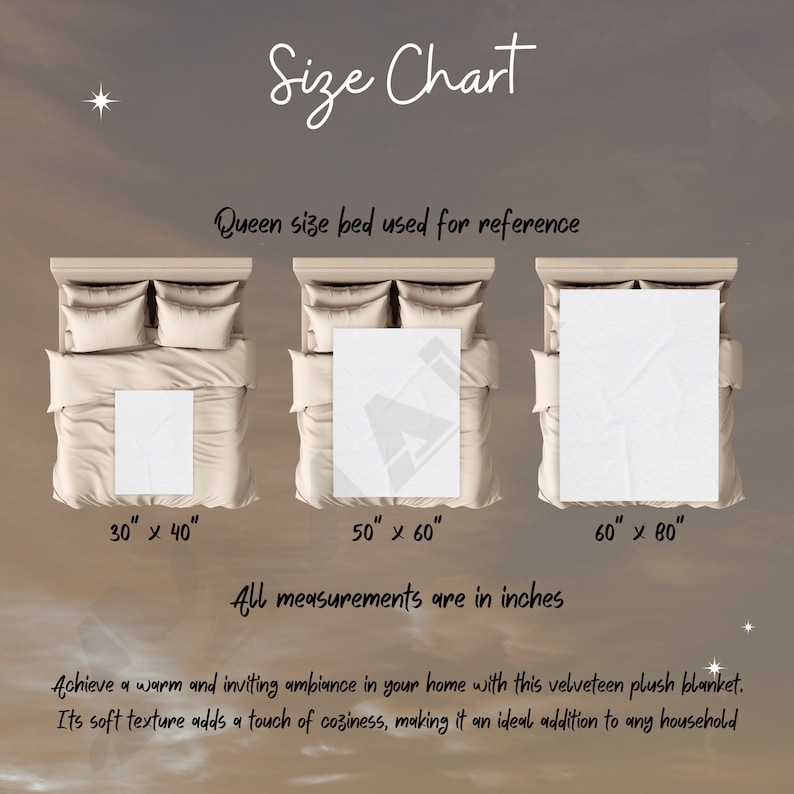 May include: Size chart for a plush blanket showing three different sizes: 30 inches by 40 inches, 50 inches by 60 inches, and 60 inches by 80 inches. The chart shows each size blanket on a queen-sized bed for reference.
