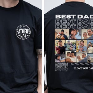 Puede incluir: Camiseta negra con un logotipo blanco del D&iacute;a del Padre 2026 en la parte delantera. La parte trasera presenta un collage de fotos con el texto "BEST DAD" repetido y "I LOVE YOU DAD".