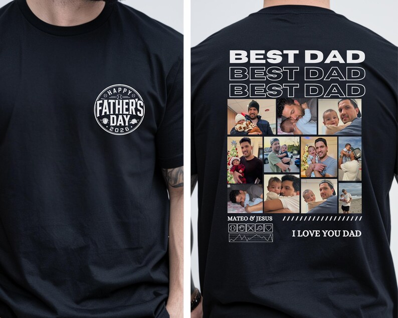 Puede incluir: Camiseta negra con un logotipo blanco del D&iacute;a del Padre 2026 en la parte delantera. La parte trasera presenta un collage de fotos con el texto "BEST DAD" repetido y "I LOVE YOU DAD".