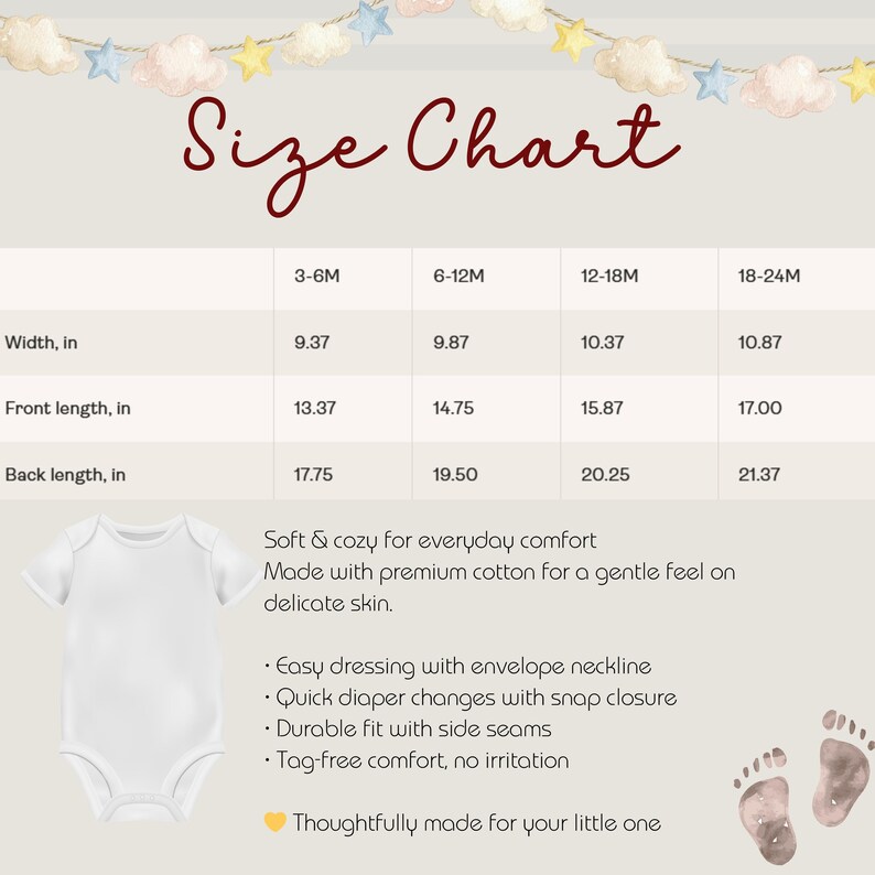 Puede incluir: Un body blanco para beb&eacute; con una tabla de tallas. La tabla muestra medidas en pulgadas para el ancho, largo delantero y largo trasero para las tallas 3-6M, 6-12M, 12-18M y 18-24M. El texto describe el body como suave y c&oacute;modo.