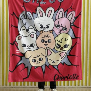 May include: Red fleece blanket with a cartoon design featuring a group of animals with the text "SKZOO" and "Charlotte" printed on it.