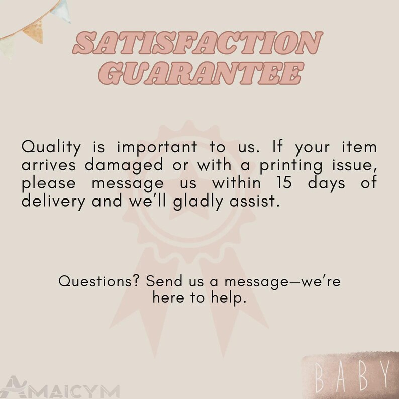 Puede incluir: Un gr&aacute;fico beige con el texto "SATISFACTION GUARANTEE" en una fuente rosa retro. El texto de abajo indica la pol&iacute;tica del vendedor sobre art&iacute;culos da&ntilde;ados y c&oacute;mo contactarlos. La esquina inferior derecha tiene la palabra "BABY".