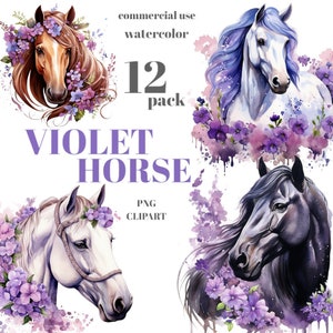 12 Clipart de espírito de liberdade de cavalo aquarela violeta, designs de sublimação de cavalo, animal transparente, cavalo de fantasia em licença comercial de flor