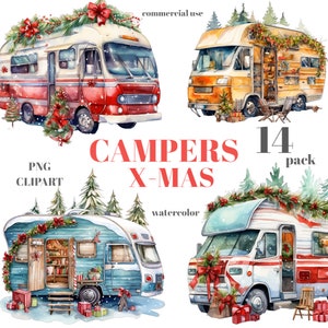 35 cliparts aquarelle Noël campeurs, clipart Noël aventure campeurs, téléchargement numérique, bonne année 2024 mignon caravane PNG
