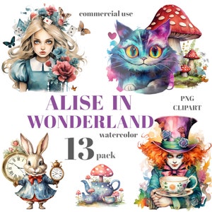 13 Clipart Alicja w Krainie Czarów Akwarela Alicja Przygody Szalony Kapelusznik Herbatka Zjedz Mnie Wypij Mnie Biały Królik Ilustracja Cricut Cheshire
