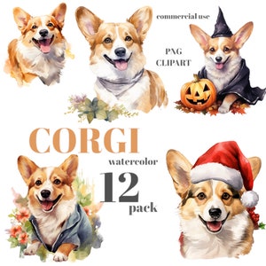 Lot de 12 cliparts aquarelle chien corgi mignon, PNG Transparent, usage commercial, fabrication de cartes animaux, journal de scrapbooking indésirable, fabrication de cartes