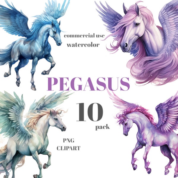 10 Watercolor Pegasus PNG Set, Majestic Pegasus Clipart Bundle, Flying Pegasus sublimation designs, pegasus collection art, Commercial Use