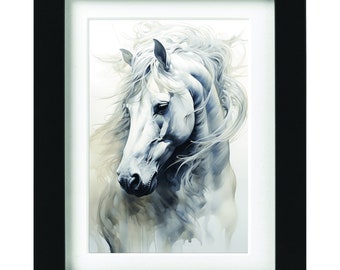 White Horse Print, Horse art, Animal art prints, Beautiful White horse original art, B&W Horse drawing - Unframed