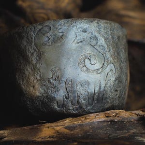 Può includere: Una ciotola di pietra grigia con un disegno inciso di un animale stilizzato. La ciotola ha una superficie ruvida e strutturata ed è ambientata su uno sfondo di legno scuro.