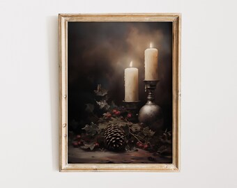 Art mural de Noël rustique, tableau aux chandelles - décoration de Noël vintage imprimable nature morte, peinture à l'huile impression hiver, milieu universitaire sombre