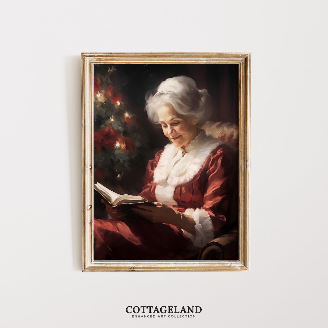 Mrs Claus Print Vintage Christmas Wall Art, Mrs Claus Reading Book ...