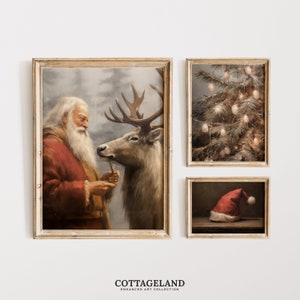 Santa and Reindeer Print, Set of 3 - Printable Rustic Santa Claus Oil Painting
