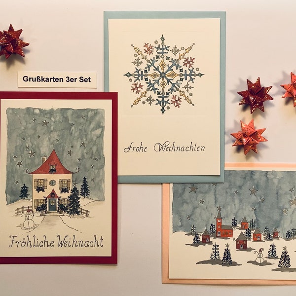 Weihnachtskarten 3er Set | Klappkarten mit Briefumschlag | Winterhaus Eiskristall Winterlandschaft