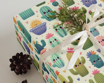 Colorful Cute Cactus Pattern Wrapping Paper Sheets - Festive Gift Paper for Christmas