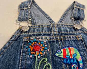 Adorable Redesigned Children's Overalls with multicolored embellishments and chameleons! Originally Faded Glory Brand , Size 24 months