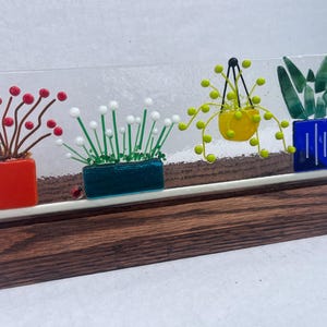 Fused Glass Flowers in Pots in Oak Stand