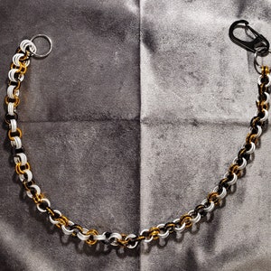 Cadena de billetera Maille hecha por veteranos, dorada, plateada y negra. Cadena tipo billetera Biker Trucker de 23 pulgadas.