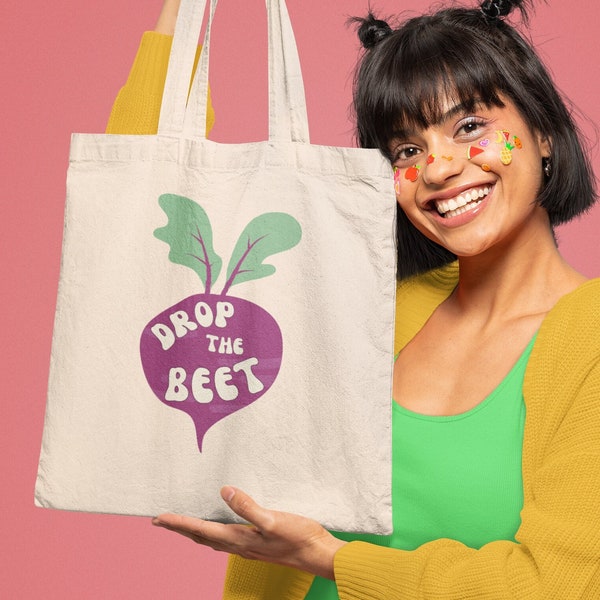 Drop the BEET Canvas Tote Bag, Gift Cotton Tote bag for Nutritionist, Food pun cute tote for health nut friend, Vegan Eco Friendly Tote bag